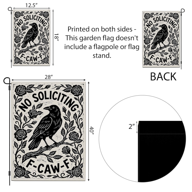 K&ouml;nnte beinhalten: Eine schwarz-wei&szlig;e Gartenflagge mit einem Raben auf einem Ast, umgeben von floralen Elementen. Der Text "NO SOLICITING" und "F-CAW-F" ist zu sehen. Die Flagge ist 101.6 cm hoch und 71.1 cm breit.