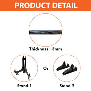 May include: Image showing product detail with the text "PRODUCT DETAIL". The image shows a cross-section of a dark gray object with a thickness of 3mm. Two stand options are shown: Stand 1 and Stand 2.