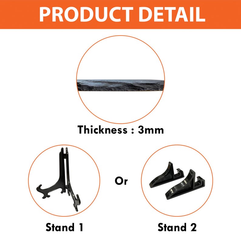 May include: Image showing product detail with the text "PRODUCT DETAIL". The image shows a cross-section of a dark gray object with a thickness of 3mm. Two stand options are shown: Stand 1 and Stand 2.