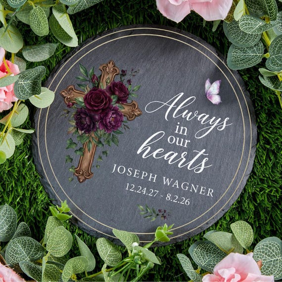 Personalized Round Slate Memorial Stone: Custom Floral Cross Grave Marker
