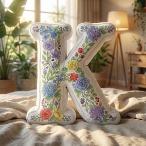 Op de afbeelding: Een wit kussen in de vorm van de letter "K", versierd met een gedetailleerd bloemenpatroon. Het ontwerp bevat rozen, hortensia's en andere bloemen in rood, geel, blauw en paars, met groene bladeren. Het kussen ligt op een neutraal gekleurd sprei.