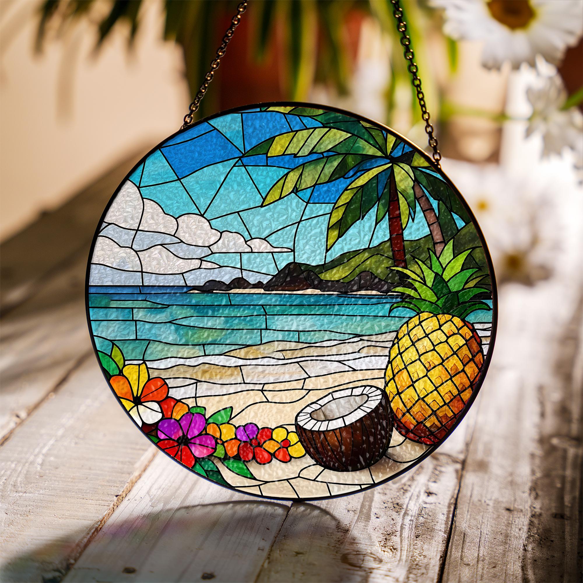 Tropical Beach Glass Suncatcher – Coconut Pineapple Window Hanging, Island Summer Decor, Ocean Sunset Glass Gift, Sea Lovers