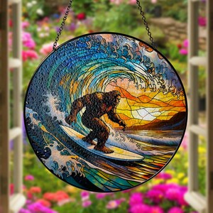Surfing Bigfoot Glass Suncatcher, Sasquatch Ocean Wave Art, Unique Window Hanging, Mythical Creature Beach Decor, Cryptid Sun Catcher