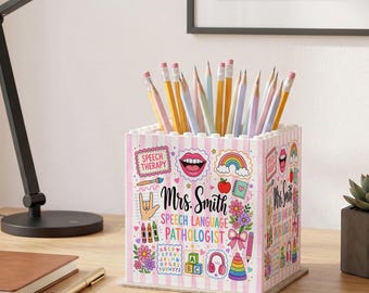 Personalized Pink Speech Therapy Block Pen Organizer: Custom SLP Desk Pencil Holder