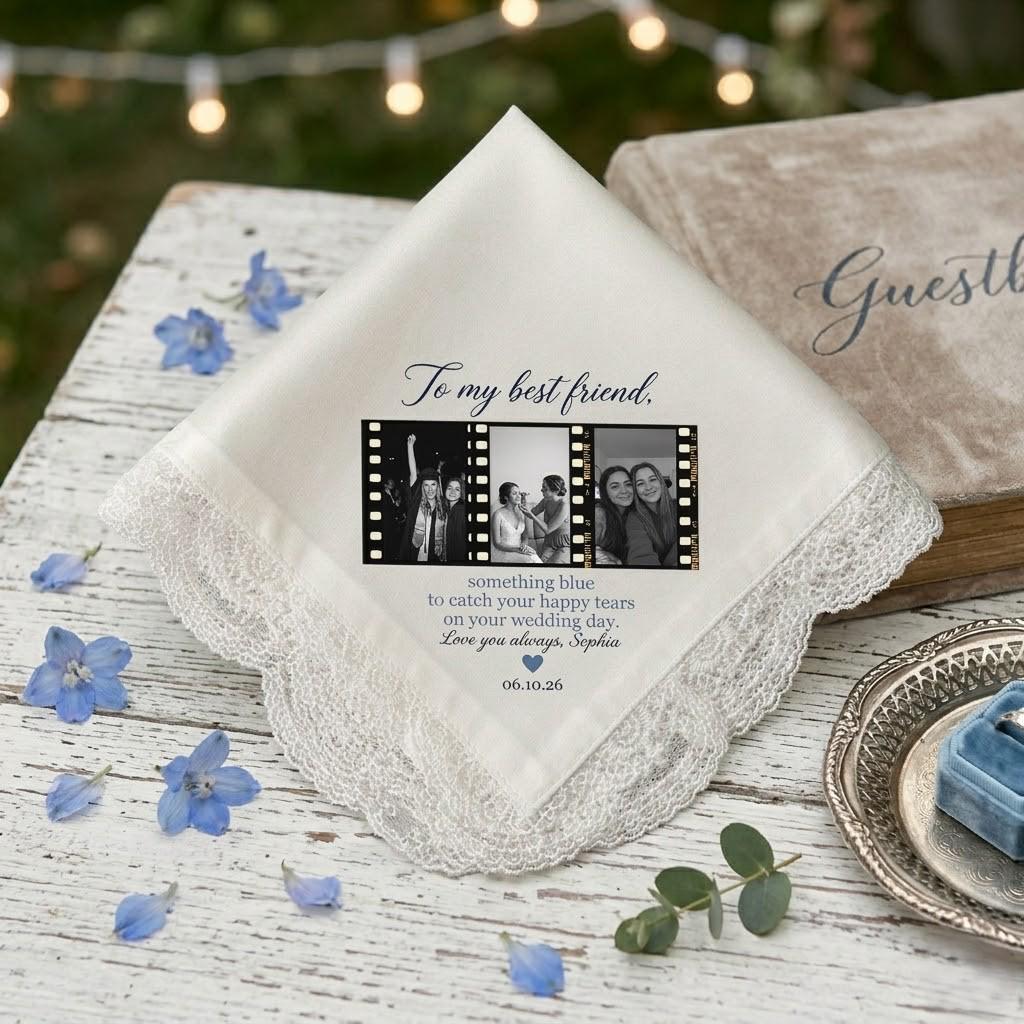 Discover Personalized Friend Hankie: Custom Film Strip Wedding Lace Keepsake
