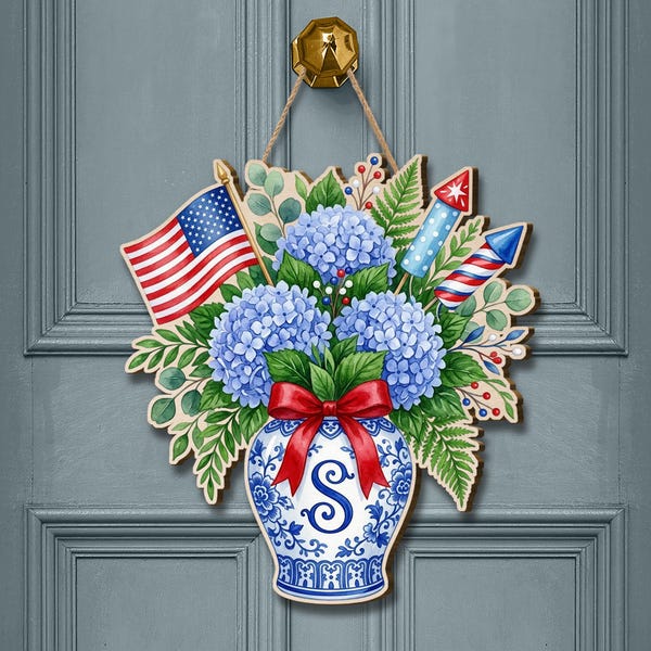 Personalized Patriotic Blue Hydrangea Wooden Door Hanger: Custom Monogram Chinoiserie Independence Day Gift