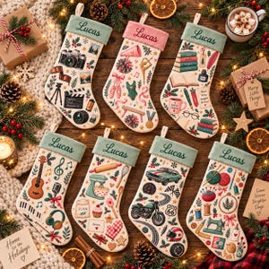 Peut inclure: Sept chaussettes de Noël couleur crème avec des revers verts ou roses, chacune brodée du prénom Lucas. Les chaussettes présentent divers motifs imprimés incluant des appareils photo, du matériel de ballet, des livres, des instruments de musique, des ustensiles de cuisine, des véhicules et des fournitures de couture.
