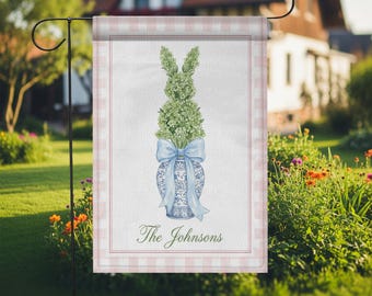 Personalized Easter Garden Flag: Custom Chinoiserie Bunny Topiary, Family Name Yard Decor