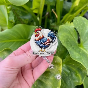 Cluck Yeah ‘Murica Badge Reel | Funny 4th of July ID Clip | Patriotic Chicken Nurse Accessory | USA Work Badge Holder Gift