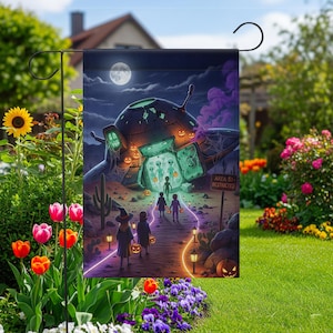 Bandera de jardín OVNI alienígena de Halloween: pancarta espeluznante para pedir dulces