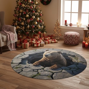 May include: A round rug featuring a brown bear emerging from a stone-like hole. The rug is on a wooden floor, with a Christmas tree, wrapped gifts, and festive decorations in the background.
