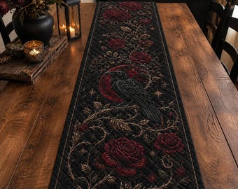 Gothic Raven Quilted Table Runner: Black and Red Rose Moon Dining Decor