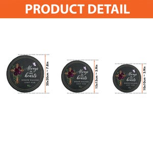 May include: Three round memorial plaques with a dark background and gold trim. Each plaque features a cross with burgundy flowers, the text "Always in our hearts," and the name and dates "JOSEPH WAGNER 12.24.27-8.2.26." The plaques measure 7.8in, 5.9in, and 3.9in.