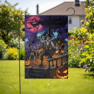 Piraten-Skelett-Halloween-Gartenfahne, gruselige Piratenschiff-Werft-Dekor, Geister-Kürbis im Freien Herbstfahne für Rasen oder Veranda