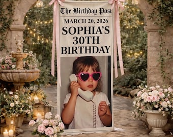 Personalized Birthday Newspaper Banner – Custom Photo Party Tapestry, Birthday Celebration Decor