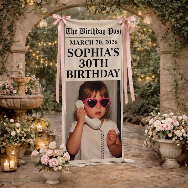 Personalized Birthday Newspaper Banner – Custom Photo Party Tapestry, Birthday Celebration Decor