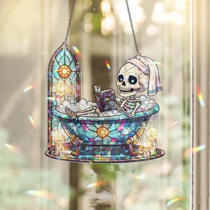 Skeleton Bath Suncatcher Gothic Halloween Window Decor Funny Spa Stained Glass Art