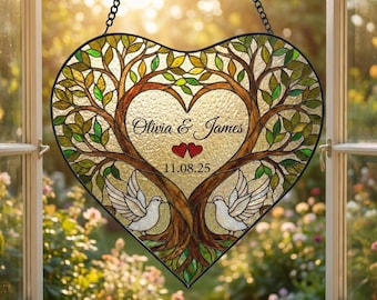 Personalized Tree Heart Suncatcher: Custom Wedding Gift, Love Birds Couple Anniversary