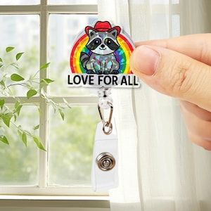 Love For All Raccoon Badge Reel – LGBTQ+ Pride Month Retractable ID Holder – Cute Rainbow Nurse Badge Clip for Work & Allies
