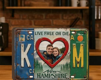Personalized License Plate Wooden Block: Custom Couple Photo State Initials, Gift for Him Her