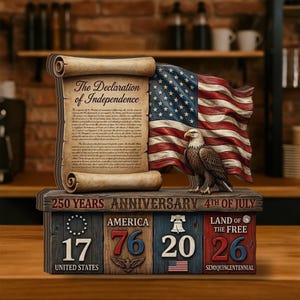 May include: A wooden patriotic display featuring the Declaration of Independence scroll, American flag, and an eagle. The base reads "250 YEARS ANNIVERSARY 4TH OF JULY" with "1776" and "2026" displayed. The colors are red, white, and blue.