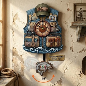May include: A novelty wall clock shaped like a fishing vest, with a clock face at the center. The clock features a pendulum in the shape of a fish. A green cap with "HENRY" is above the clock.