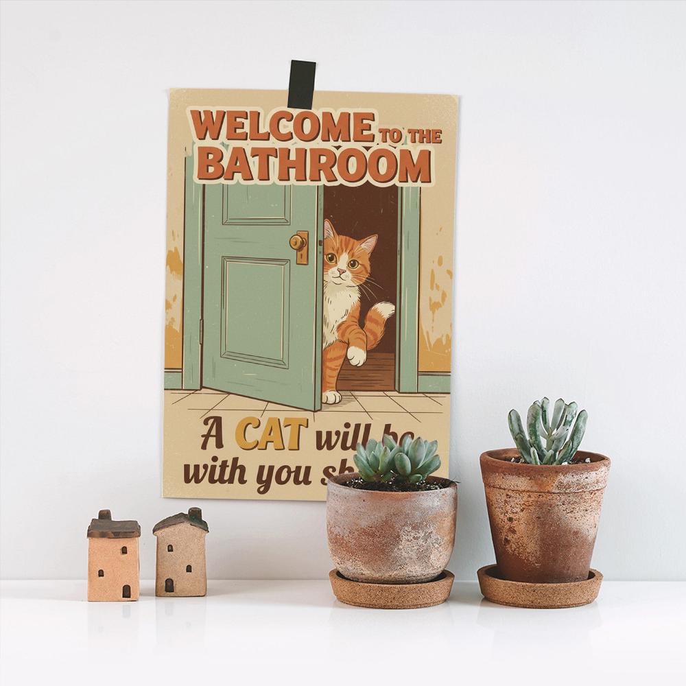 Cat Bathroom Poster – Funny Wall Art Print With Orange Cat and Retro ...