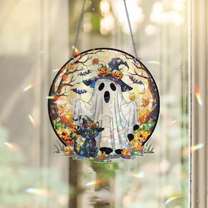 Halloween Ghost Cat Suncatcher – Stained Glass Window Decor, Fall Spooky Hanging Ornament, Witchy Black Cat Gift