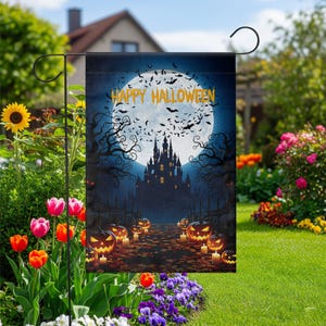 Happy Halloween Garden Flag | Haunted Castle Yard Decor | Spooky Pumpkin Outdoor Sign | Scary Fall Porch Decoration
