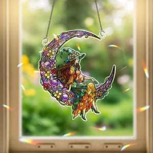 Witch on Crescent Moon Stained Glass Art - Halloween Window Hanging - Cottagecore Witchy Decor - Floral Celestial Wall Ornament