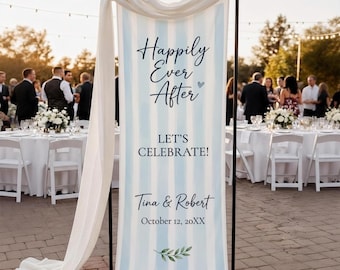 Personalized Blue Striped Linen Wedding Tapestry: Happily Ever After Custom Sign