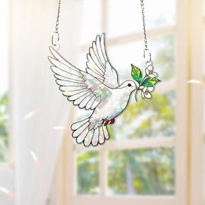 Dove & Jasmine Flower Acrylic Window Hanging – Holographic Peace Bird with Jasmine Branch, Memorial Gift, Gift For Mom, Bird Lover Gift