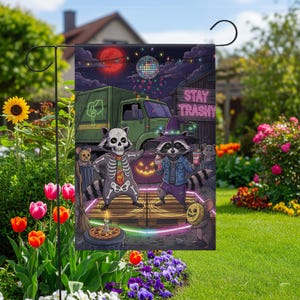 Stay Trashy Halloween Garden Flag – Funny Raccoon Skeleton Yard Decor – Trash Panda Witch Party Sign – Spooky Outdoor Banner