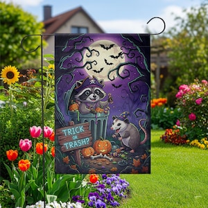 Funny Raccoon & Opossum Halloween Garden Flag – Trick or Trash Yard Decor for Fall