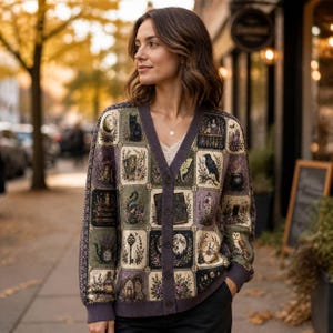 May include: A long-sleeve V-neck cardigan featuring a patchwork design of various mystical illustrations including a black cat, a raven, an owl, a key, a moon, a book, and floral elements in shades of purple, green, and cream with dark trim.