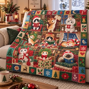 May include: A multi-paneled Christmas-themed quilt featuring various illustrations of cats in festive attire, including Santa hats, reindeer antlers, and wreaths. The quilt displays cats reading books, holding mugs, and sitting among wrapped gifts.