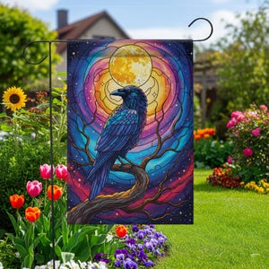 Stained Glass Raven Garden Flag – Mystical Crow Full Moon Yard Decor – Gothic Halloween Outdoor Banner – Fantasy Bird Witchy Flag