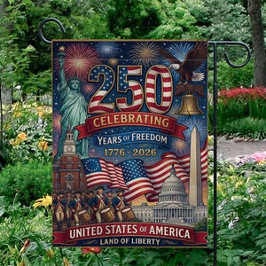 May include: A patriotic garden flag celebrating 250 years of American freedom. The design features the Statue of Liberty, the Liberty Bell, the Washington Monument, and the U.S. Capitol, with the text "250 Celebrating Years of Freedom 1776-2026".