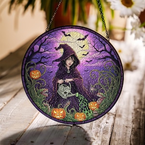 Halloween Witch Suncatcher – Gothic Stained Glass Style Window Hanging with Pumpkins & Moon