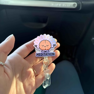 Meditating Brain Badge Reel, Cute Cartoon Mindfulness ID Holder, Funny Retractable Badge Clip for Nurse, Teacher, Office, Zen Mental Health
