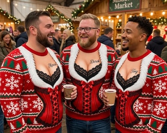 May include: Three red Christmas sweaters featuring a white faux fur trim neckline and a printed graphic of a black lace corset with a red ribbon bow. Each sweater displays a name tag reading Marcus, Derek, or Tony on the upper chest area.