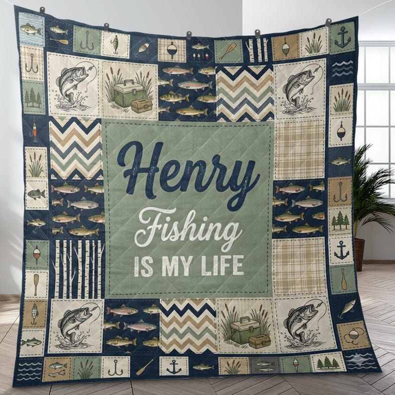 Personalized Quilt Blanket: Bass Patchwork Design Fishing Throw Bedding ...