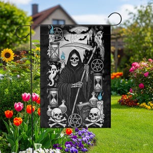 Grim Reaper Gothic Garden Flag | Black White Halloween Yard Banner | Spooky Skeleton Death Decor
