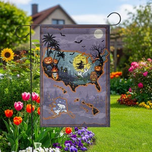 Halloween USA Karte Garten Flagge, Spukhaus Hof Dekor, gruselige Herbst Outdoor Banner, Süßes oder Saures Hexe Geist Kürbis Karte Flagge