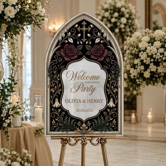Dark Academia Custom Wedding Party Acrylic Mirror Sign: Gothic Arch Botanical Decor
