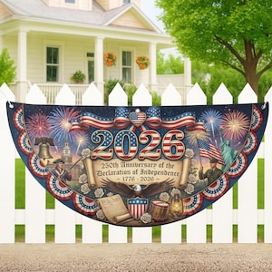Puede incluir: Una pancarta patriótica que celebra el 250 aniversario de la Declaración de Independencia, 1776-2026. El diseño presenta fuegos artificiales, la Campana de la Libertad, la bandera estadounidense y la Estatua de la Libertad, con un fondo azul marino.
