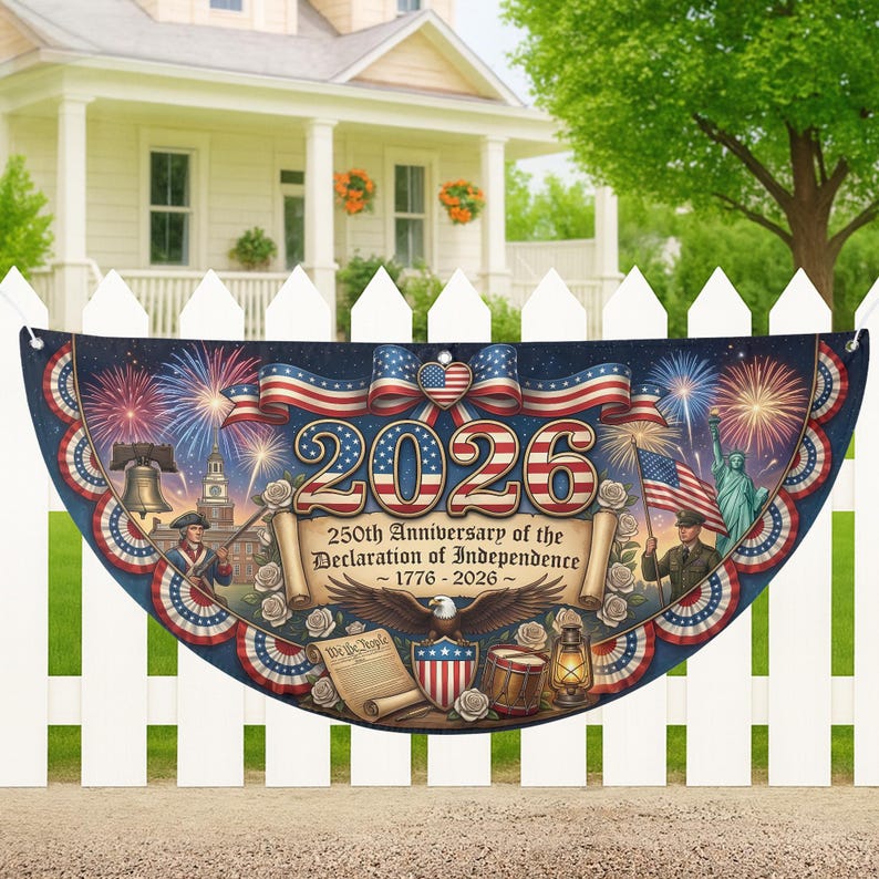 May include: A patriotic banner celebrating the 250th Anniversary of the Declaration of Independence, 1776-2026. The design features fireworks, the Liberty Bell, the American flag, and the Statue of Liberty, with a navy blue background.