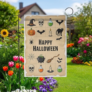 Halloween Garden Flag Vintage Style – Spooky Yard Decor with Skull, Bats, Potions, Pumpkin, Witch Icons – Fall Outdoor Sign