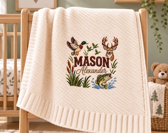 Personalized Hunting and Fishing Baby Blanket: Custom Name Embroidered Outdoor Nursery Throw