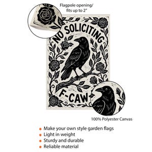 K&ouml;nnte beinhalten: Rechteckige Gartenflagge mit einem schwarzen Raben auf einem Ast, umgeben von Rosen. Die Flagge zeigt "NO SOLICITING" und "F-CAW". Hergestellt aus 100 % Polyester-Leinwand, passend f&uuml;r eine Fahnenstange bis zu 5 cm.